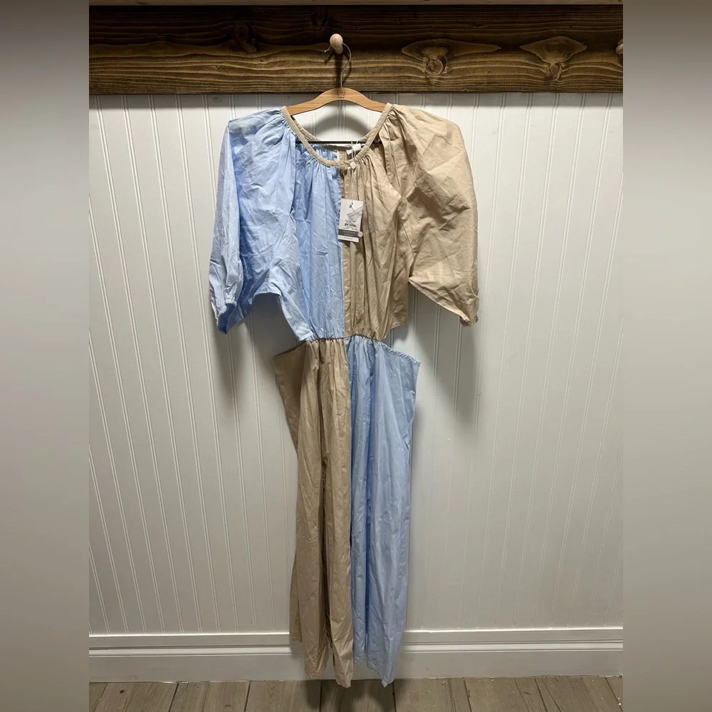 Mud Pie Hutton Two-Tone Cut Out Midi Dress in Blue and Tan Sz L NWT - Picture 5 of 12